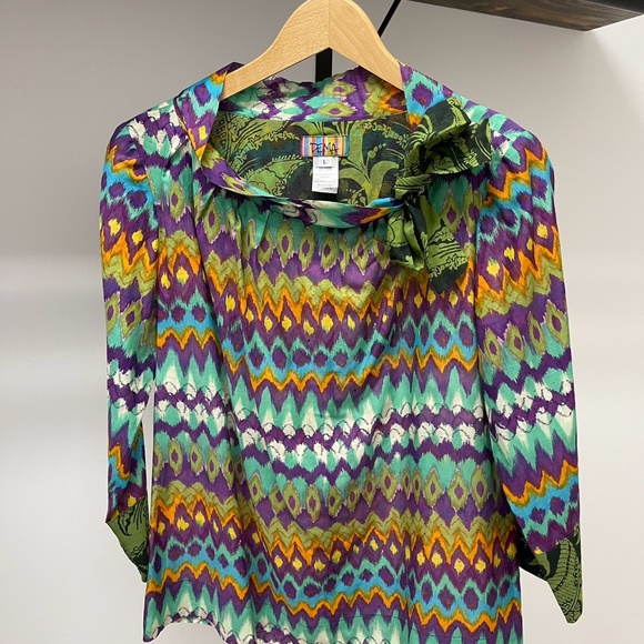 Gorgeous DEMA (San Francisco) Cotton/Silk, ¾ Sleeve, Jewel Print Top – Size L - Picture 6 of 10